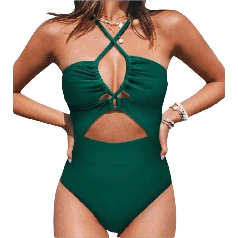Women Cupshe One Piece Swimsuit M Green Tummy Control V Neck Crisscross Cut NWT